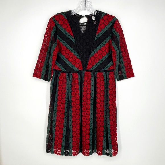 Xhilaration Juniors Small Dress Brick Red Green Black Sheer Floral Lace Short Sl - Picture 1 of 10